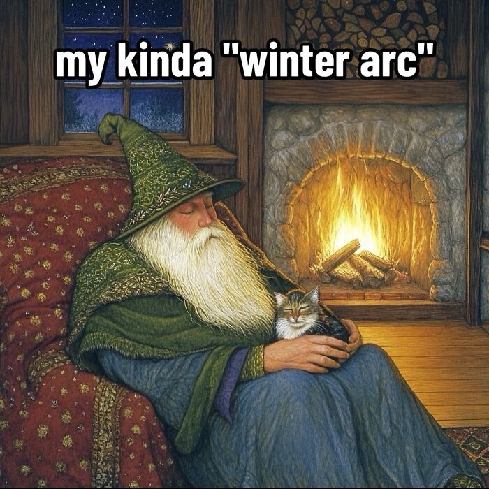 Ancient meme of a wizard in a cozy chair with a cat by the fireplace.