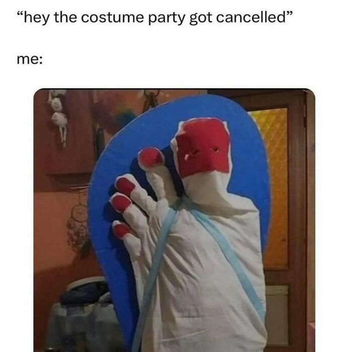 Person dressed as a foot with caption "hey the costume party got cancelled". Funny meme to make your day better.