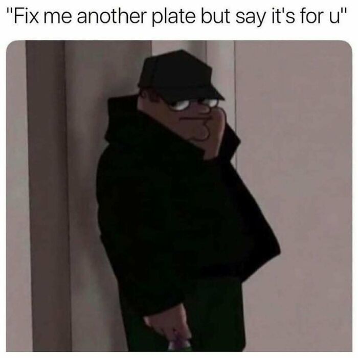 Cartoon character in dark clothing, humorously requesting extra food, highlighting memes that make your day better.