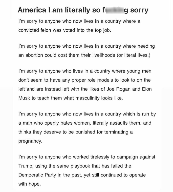 Text message expressing apologies and concerns about current American societal and political issues.