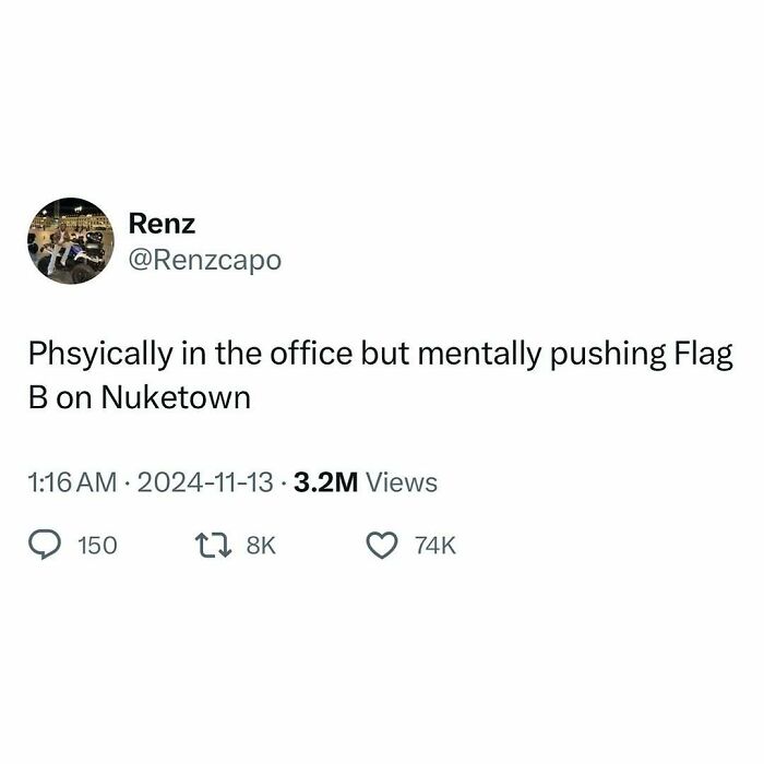 Tweet about being in the office but mentally gaming, relating to middle class fancy memes.