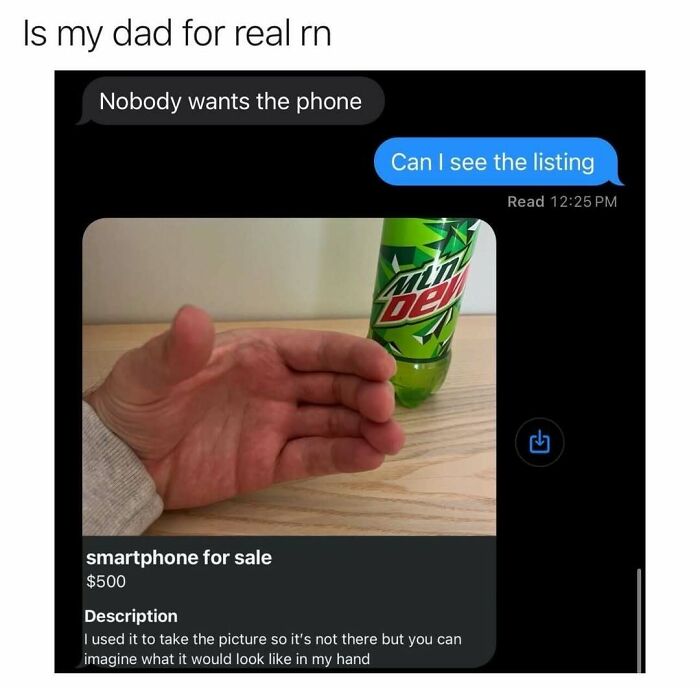 Text conversation meme showing humorous listing of an "invisible" smartphone for sale, reflecting middle class fancy humor.