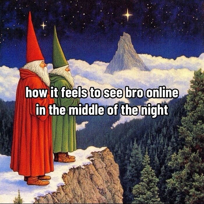 Two wizards in red and green robes gazing at stars above mountains, representing ancient wisdom in memes.