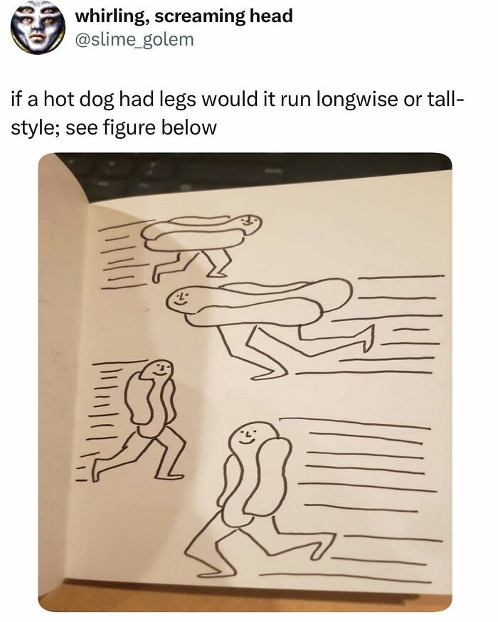 Cartoon hot dogs with legs running, showcasing relatable middle class meme humor.