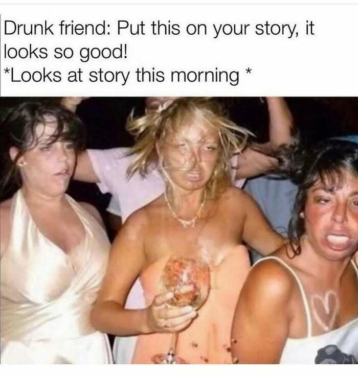 Three women at a party captured in a funny meme moment, holding drinks with humorous expressions to make your day better.