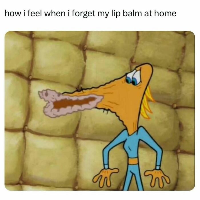 Cartoon character with dry lips, illustrating a funny moment to make your day better.