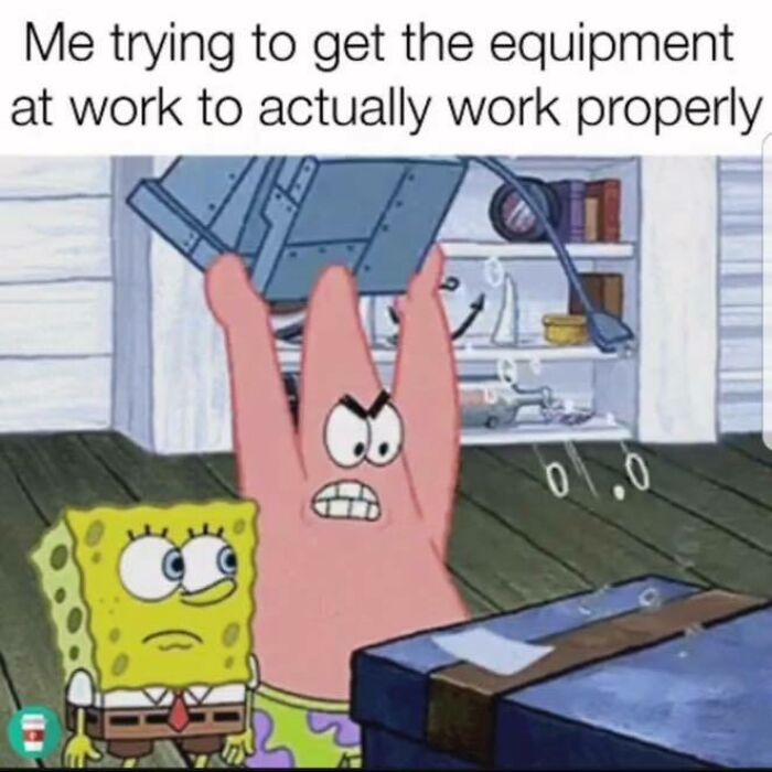 Cartoon characters struggling with work equipment, expressing job frustration humor.