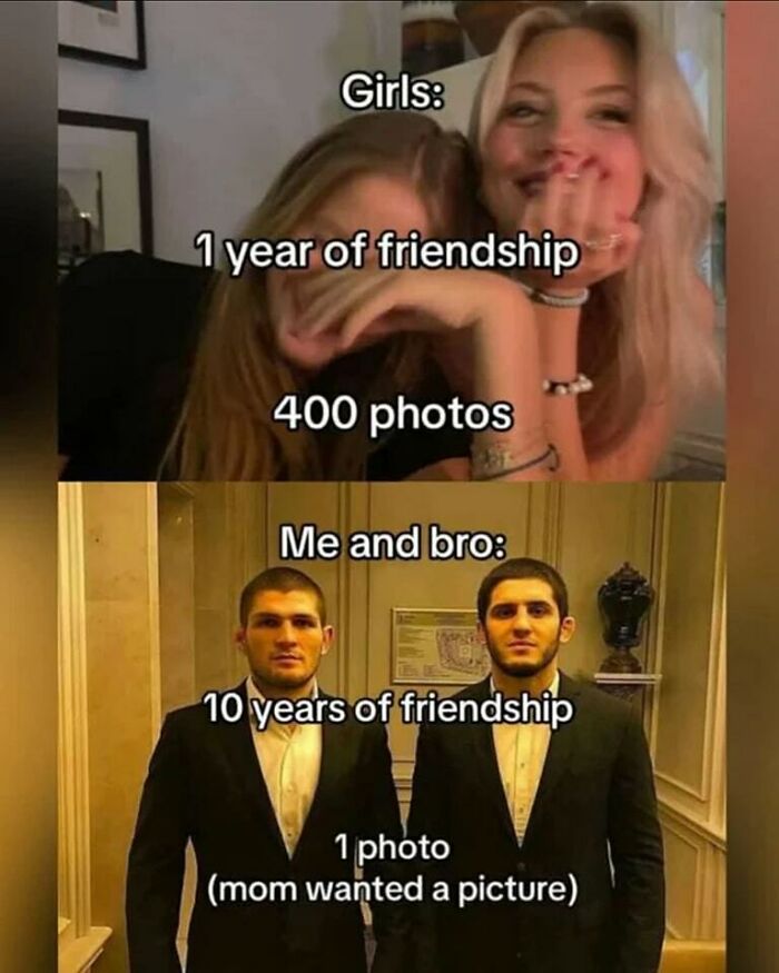 Two women pose joyfully with text about friendship photos; two men stand formally with humorous caption. Daily humor memes.
