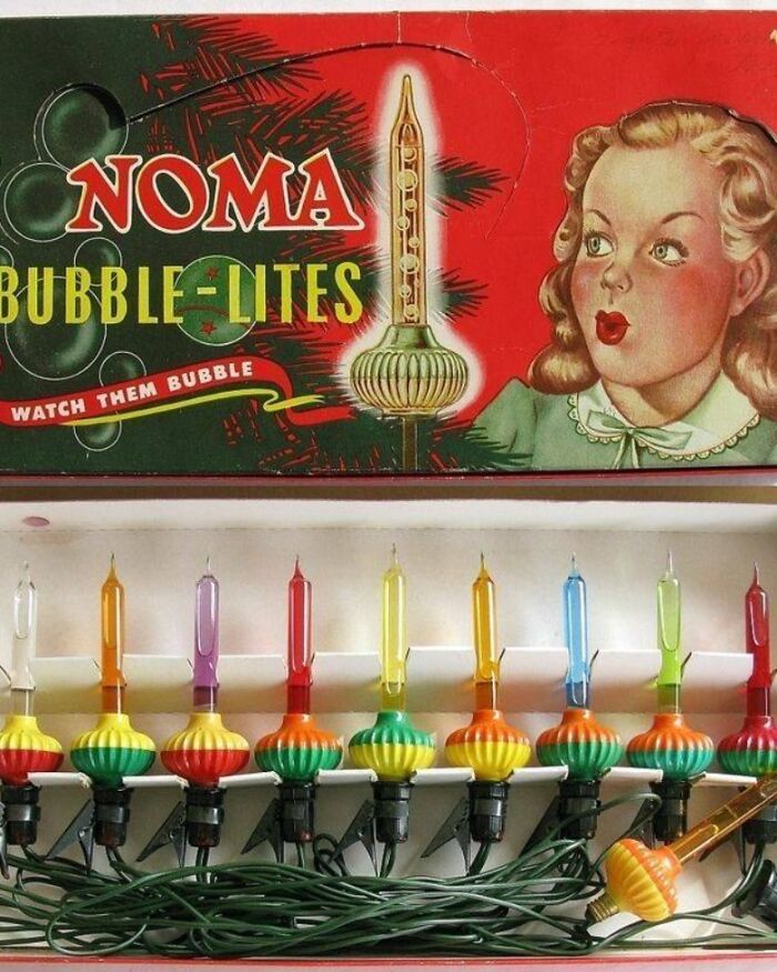 Vintage NOMA Bubble-Lites box with colorful Christmas lights, offering a fascinating glimpse into historical holiday decor.