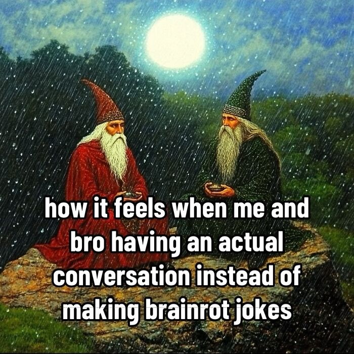 Two wizards having a deep conversation under the moonlight, sharing wisdom through ancient memes.