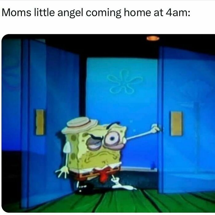 SpongeBob meme looking tired, coming home late at night, adding humor to make your day better.
