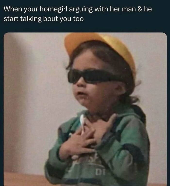 Child wearing sunglasses and a cap, holding chest in surprise, with meme text about friend's argument. Memes to brighten your day.