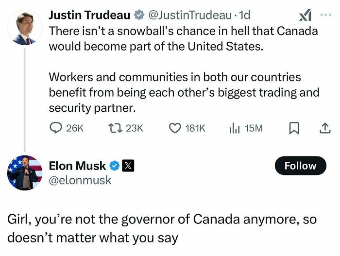 "Tweet by Justin Trudeau about U.S.-Canada relations, humorously replied to by Elon Musk."