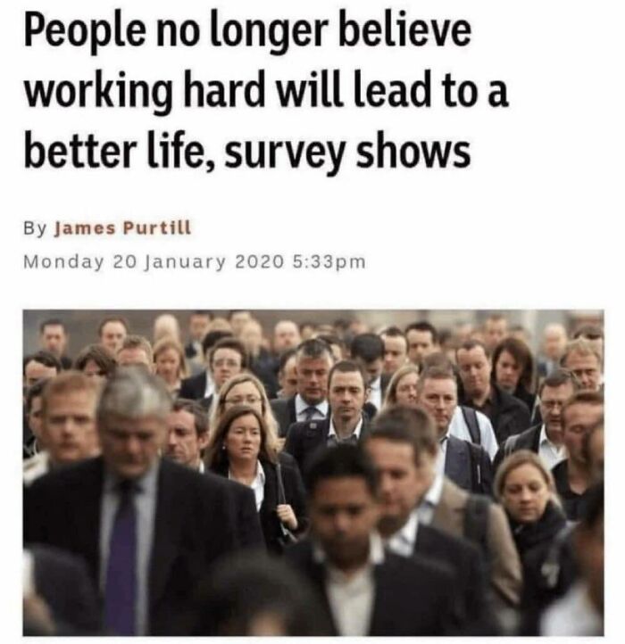Crowd of office workers commuting, referencing a survey about beliefs in work and life improvement.