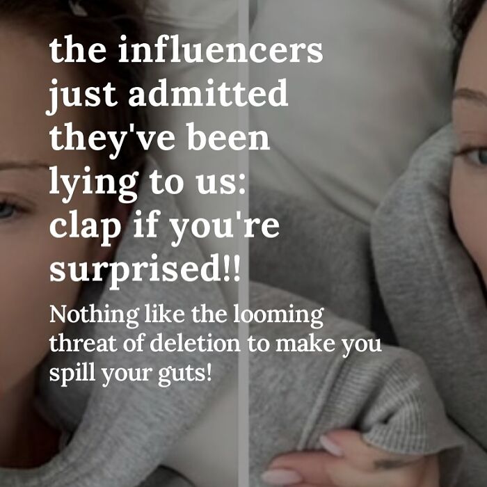 Text overlay on an image hints at influencers' honesty, with a person partially visible in the background.