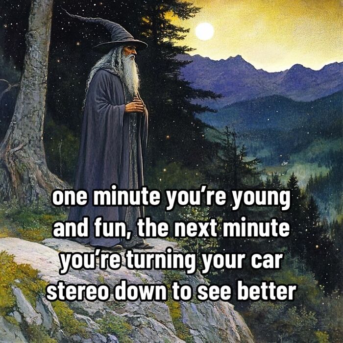 Wizard stands on a hill in a robe; ancient meme text about aging is overlaid.