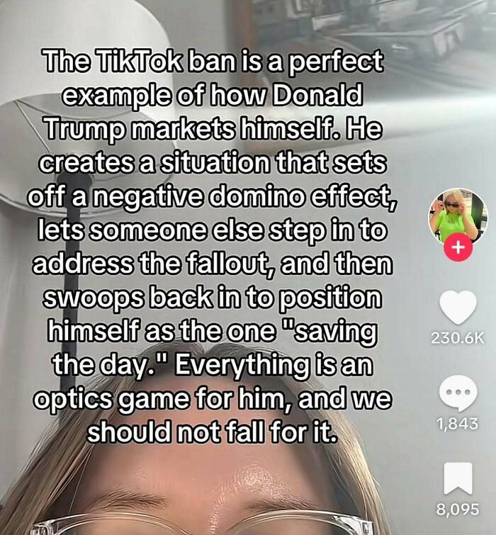 Text about TikTok ban as an example of optics game. User profile and engagement stats visible.