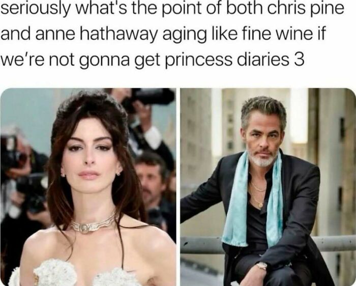 Split image of a woman and a man, with humorous text referencing the Princess Diaries sequel.