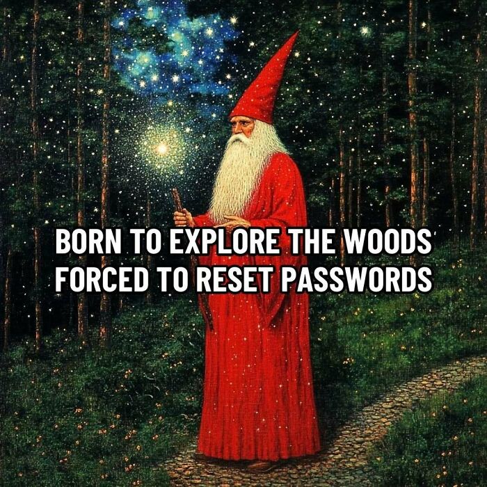 Wizard in red robe holds staff in a forest, combines ancient wisdom with modern humor about resetting passwords.