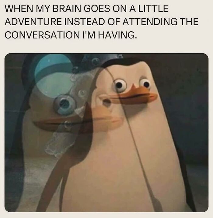 Penguin meme illustrating a relatable work moment where the mind drifts away during a conversation.