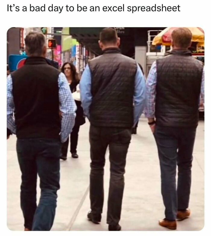 Three men in matching outfits walking, captioned with a humorous take on office life, evoking middle class memes.