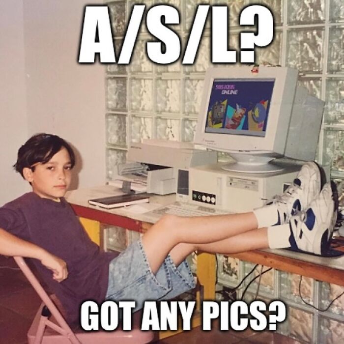 Young person in the 90s using a vintage computer with feet up, text: "A/S/L? Got any pics?" Floppy disk era nostalgia.