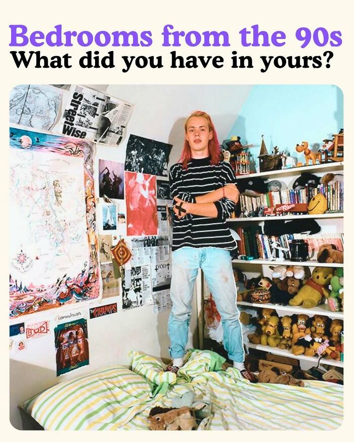 Person standing on a bed in a 90s-themed bedroom with posters, books, and toys, evoking floppy disk nostalgia.