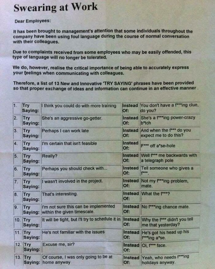 Funny work memes showing alternatives to swearing at work, with humorous suggestions for common workplace frustrations.