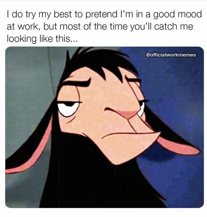 Llama meme with expressionless face, text about pretending to be in a good mood at work.