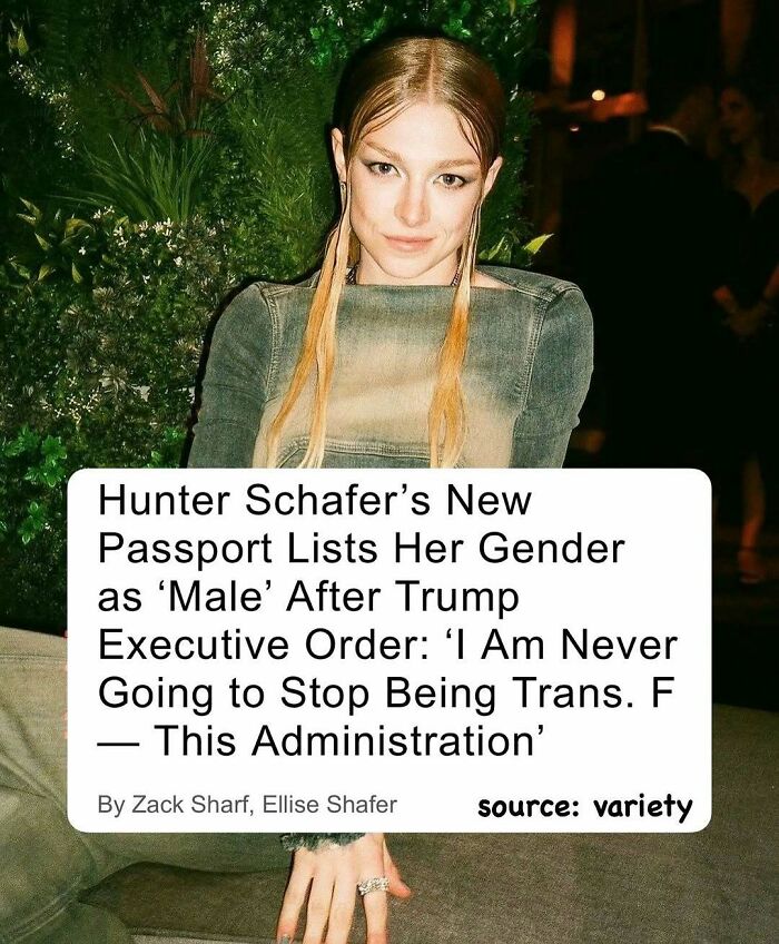 Person seated in front of greenery, wearing a long-sleeved top. Text highlights a passport issue and a strong statement.