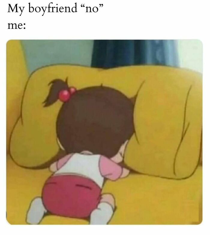 Cartoon child face-down on a couch, humorously responding to a boyfriend's "no." Memes to make your day better.