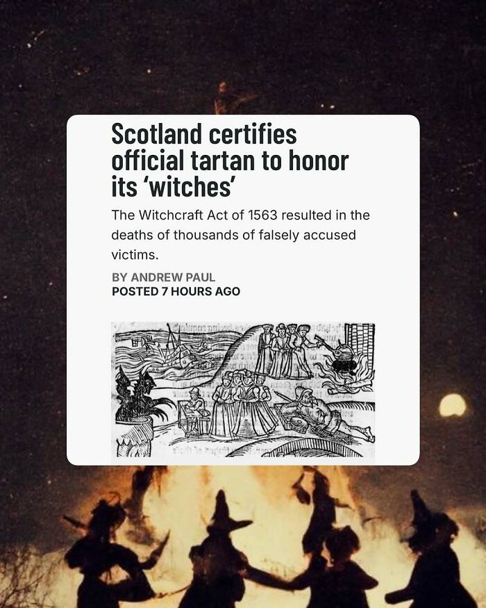 Scotland certifies tartan to honor accused witches, with historical artwork and silhouetted figures by fire.