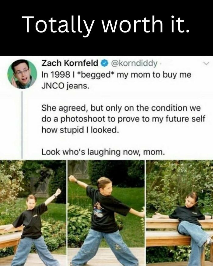 Child in oversized JNCO jeans poses nostalgically, capturing a funny throwback moment from the late 90s.