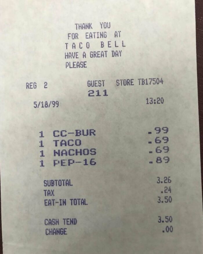 1999 Taco Bell receipt showing throwback menu prices including burgers, tacos, and nachos.