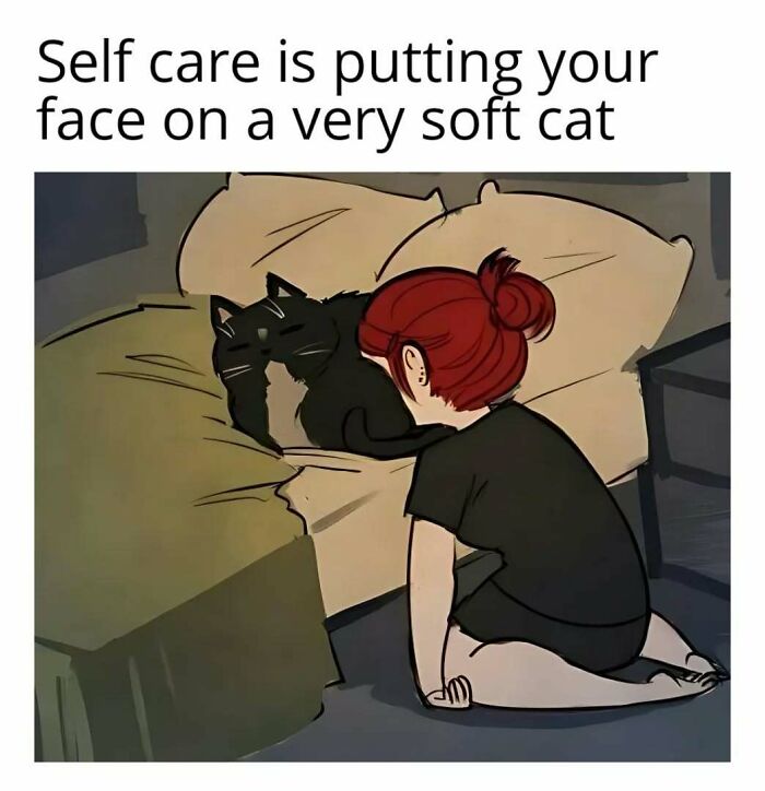 A person snuggling a relaxed cat, labeled "Self care is putting your face on a very soft cat."