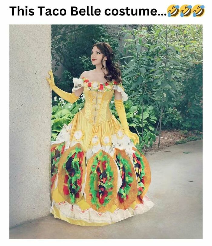 Woman in a funny taco-themed dress, evoking nostalgia for those who remember floppy disks.