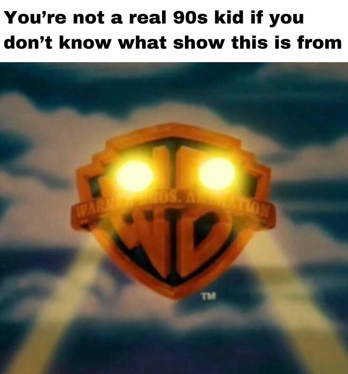 90s throwback image of Warner Bros. Animation logo, with glowing eyes and a playful text about 90s kids.