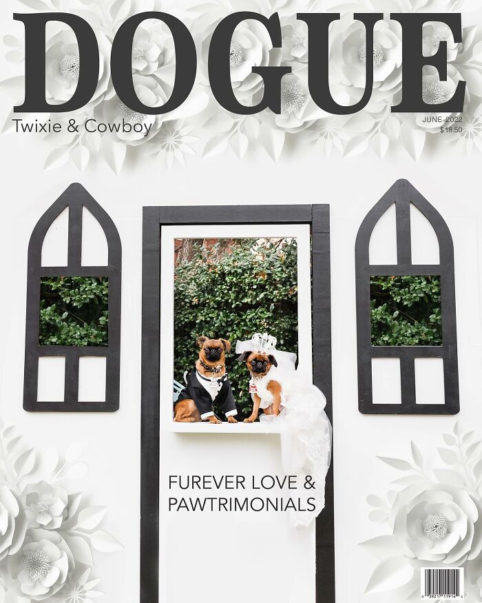 "Dogue cover featuring two dogs dressed in wedding attire, surrounded by floral designs."