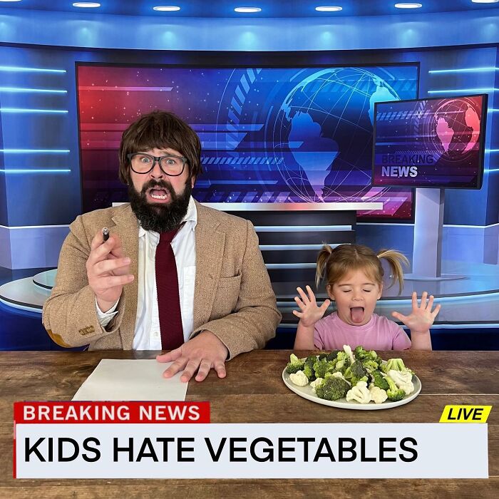 Dad and daughter in a funny news scene, dad in costume with beard and glasses, daughter reacting to vegetables.