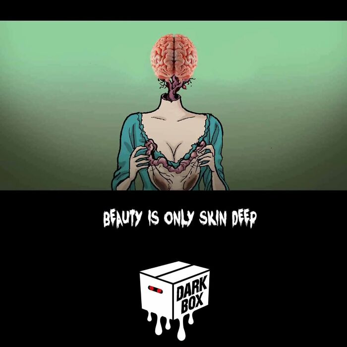 DarkBox Comics illustration of a headless figure with exposed brain; text reads "Beauty is Only Skin Deep.