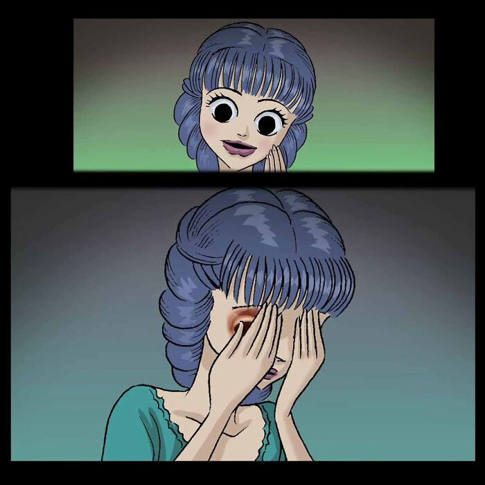 Comic panel showing a character with large eyes smiling, then covering their eyes, from DarkBox Comics stories.