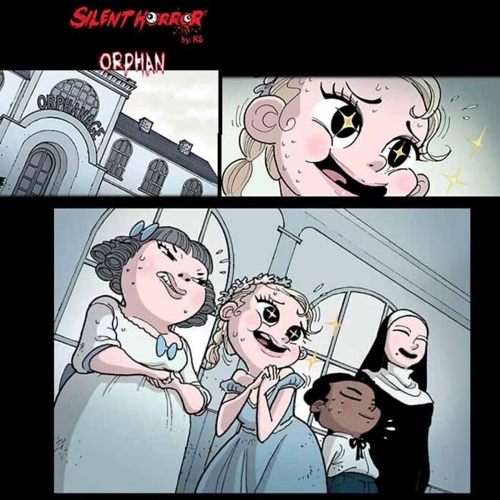 Children in an eerie orphanage setting from a DarkBox Comics story, featuring exaggerated expressions and tense atmosphere.