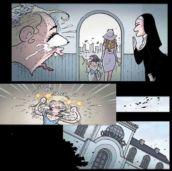 Comic scene from DarkBox Comics showing a nun, a crying person, and an orphanage, conveying a haunting story.