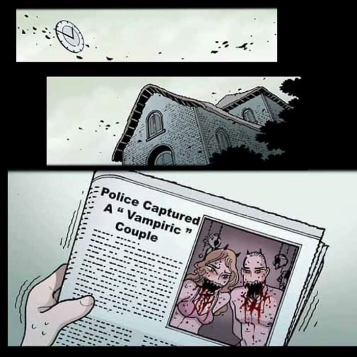 A comic scene with a vampire story featuring a newspaper headline about a captured couple.
