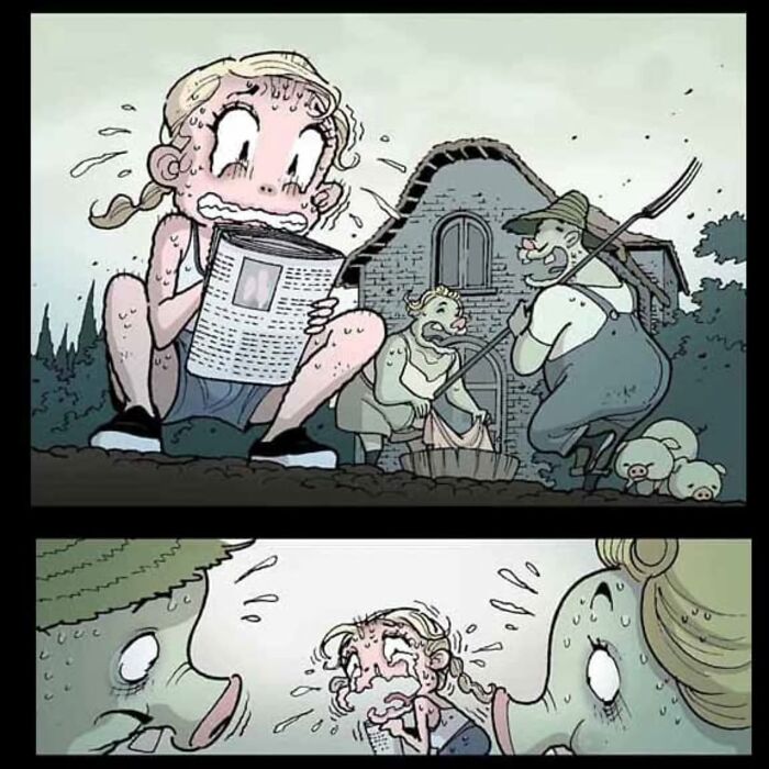 Comic scene from DarkBox: a shocked person reads a newspaper, surrounded by surreal pig-like farmers in a farm setting.