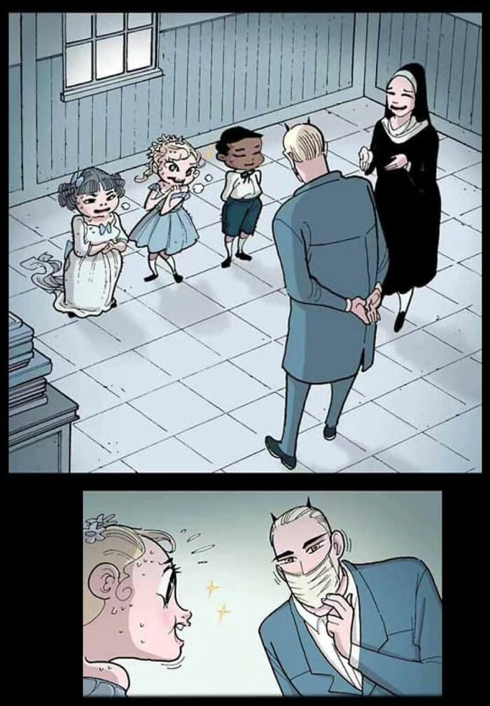 Children in a room with a nun and masked figure, capturing a chilling DarkBox Comics scene.