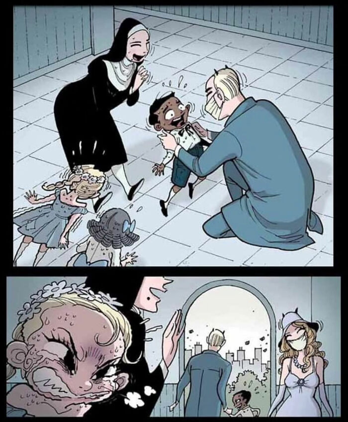 Children scared by adults in a chilling DarkBox Comics scene, expressing fear and chaos silently.