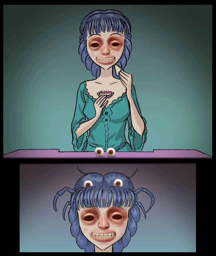 A chilling DarkBox Comics character with removed mask and exposed eyes, evoking haunting horror.