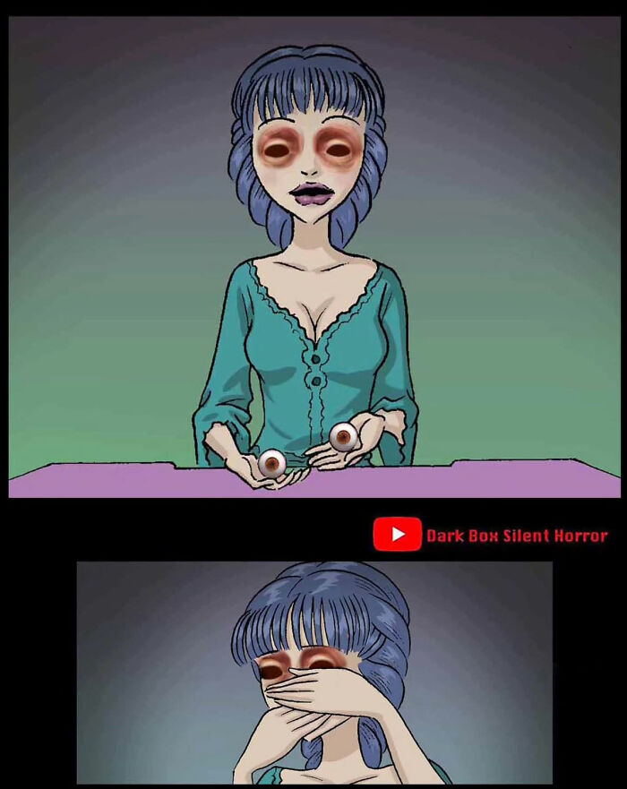 A mysterious woman in a teal dress holding eyes, from DarkBox Comics' chilling stories.