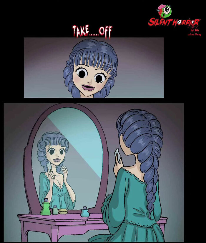 A girl with a braid in front of a mirror, text above reads "Take Off," from DarkBox Comics' chilling stories collection.